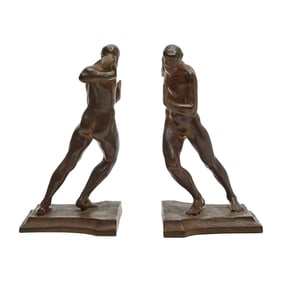 Harriet Frishmuth, Pushing Men, Pair Bronze Bookends