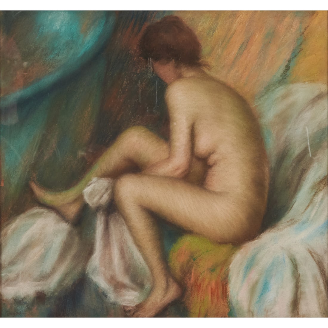Circle of Edgar Degas, Seated Nude, Pastel: Circle of Edgar Degas (French, 1834 - 1917), Seated Nude, pastel on paper, mounted on stretcher bars, [approximate dimensions - overall: 18 1/2"; H x 20"; W], stamped ";Degas"; lower left; inscription