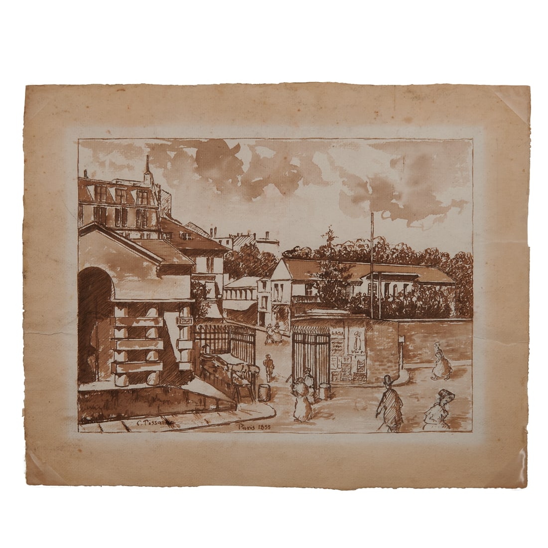 Attr. to Camille Pissarro, Paris Street Scene, Ink Wash on Paper (1 of 4)