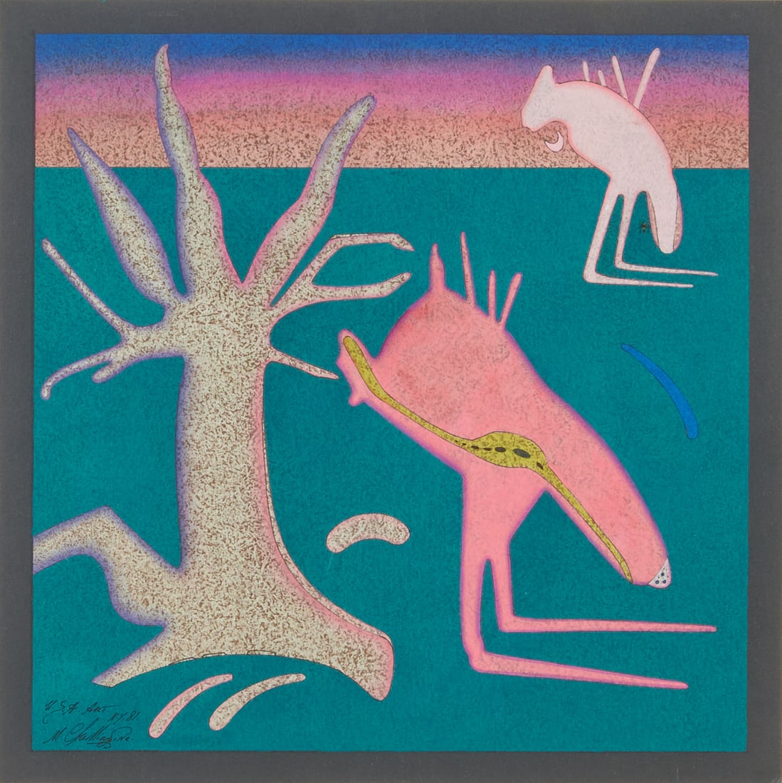 Mihail Chemiakin, Aboriginal Rock, Mixed Media on Paper: Mihail Chemiakin (Russian, born 1943), Transformed Aboriginal Rock Painting #44,New York, 1981, gouache, pencil, and ink on paper,[approximate dimensions - sheet: 13 1/4"; H x 12 3/4"; W], signed, dat