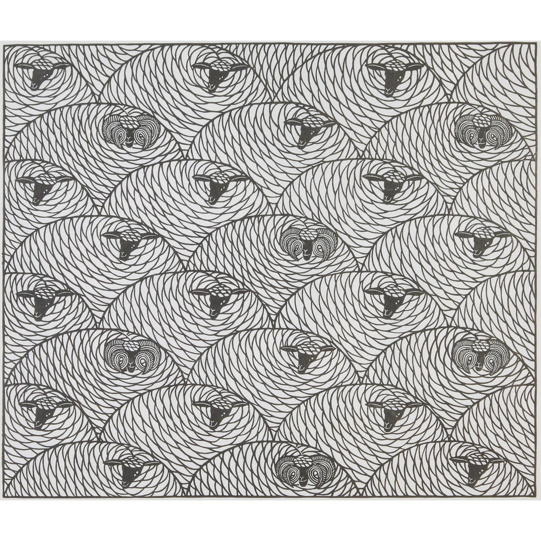 Jacques Hnizdovsky, Resting Sheep II, Woodcut: Jacques Hnizdovsky(Ukrainian/American, 1915-1985), ";Resting Sheep II,"; 1983, woodcut,[approximate dimensions - sight: 16 5/8"; H x 18 3/4"; W], signed, titled, dated and numbered 18/75in low margin.