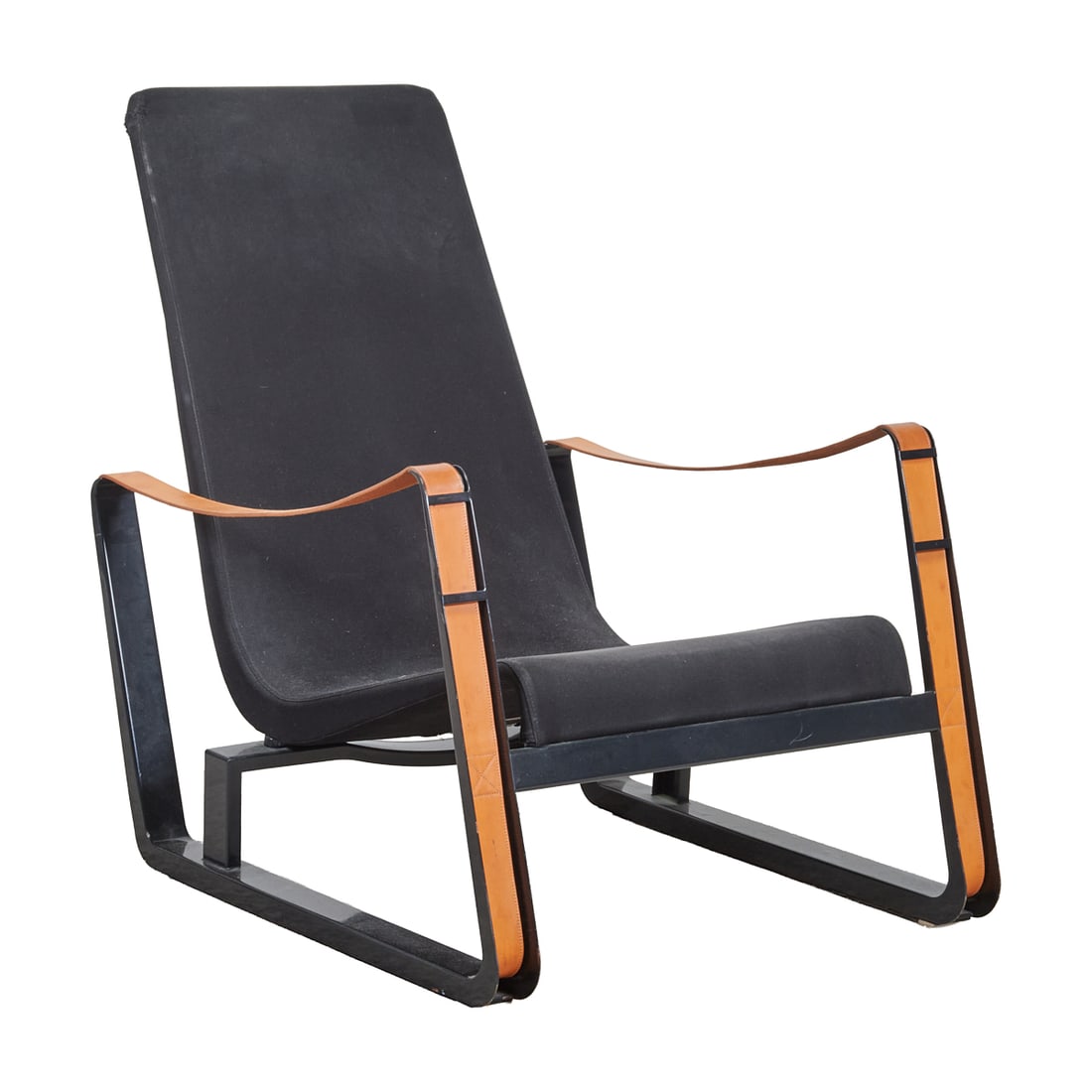 Jean Prouve for Vitra Black Steel, Brown Leather Strap Cite Chair: Jean Prouve for Vitra Black Steel, Brown Leather Strap Cite Chair, black powder coated low slung, angular frame, with brown leather strap armrests and black canvas continuous seat and back. Paper labe