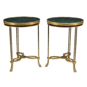 Pair of French Neoclassical Style Doré Bronze Tables with Green Marble Tops