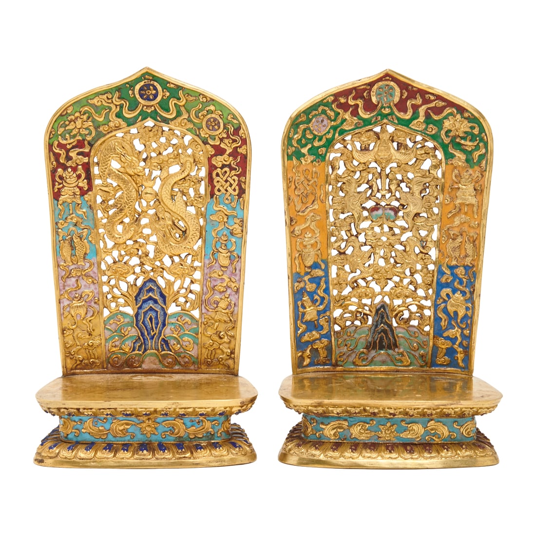 Pair of Chinese Gilt Cloisonne Buddhist Throne with Dragon and Phoenix Motifs.: Pair of Chinese Gilt Cloisonne Buddhist Throne with Dragon and Phoenix Motifs, Possibly 18th Century.Each throne finely worked in gilt cloisonnewith a pierced back panel featuring a central dragon or