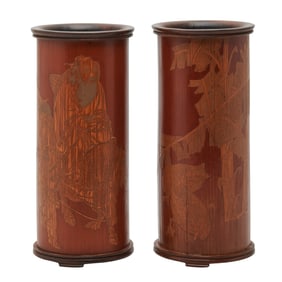 Two Chinese Bamboo Cylindrical Brushpots Zhou Li