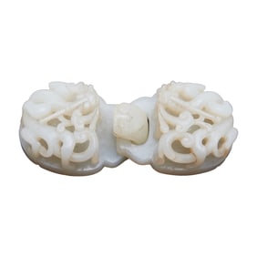Chinese White Jade Carved Two-Section Belt Buckle, Qing
