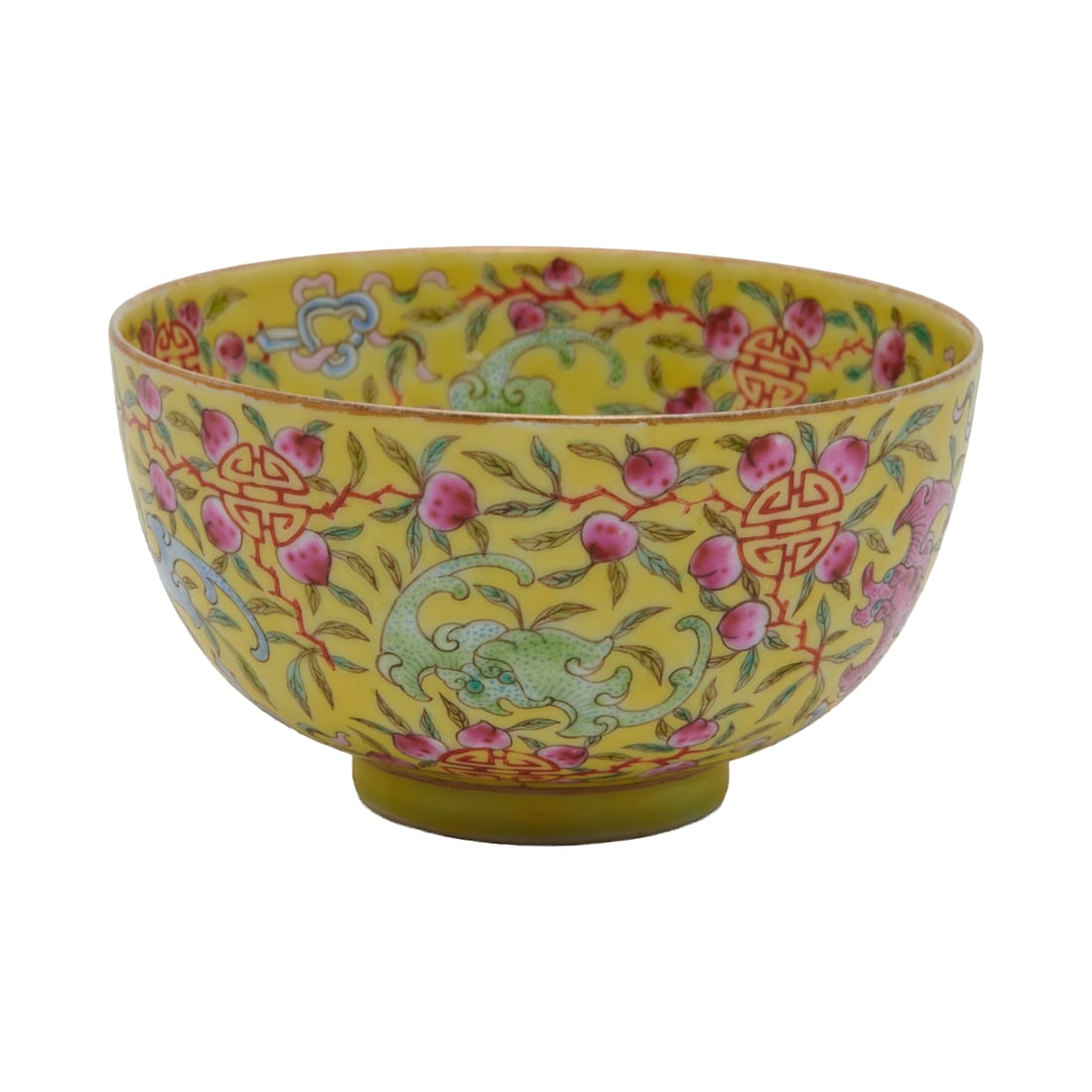 A Small Chinese Yellow Ground 'Shou and Bats' Motifs Bowl.: A Small Chinese Yellow Ground 'Shou and Bats' Motifs Bowl.The exterior finely decorated with peach branches, stylized 'shou' medallions, and colorful bats among scrolling foliage, all against a bright