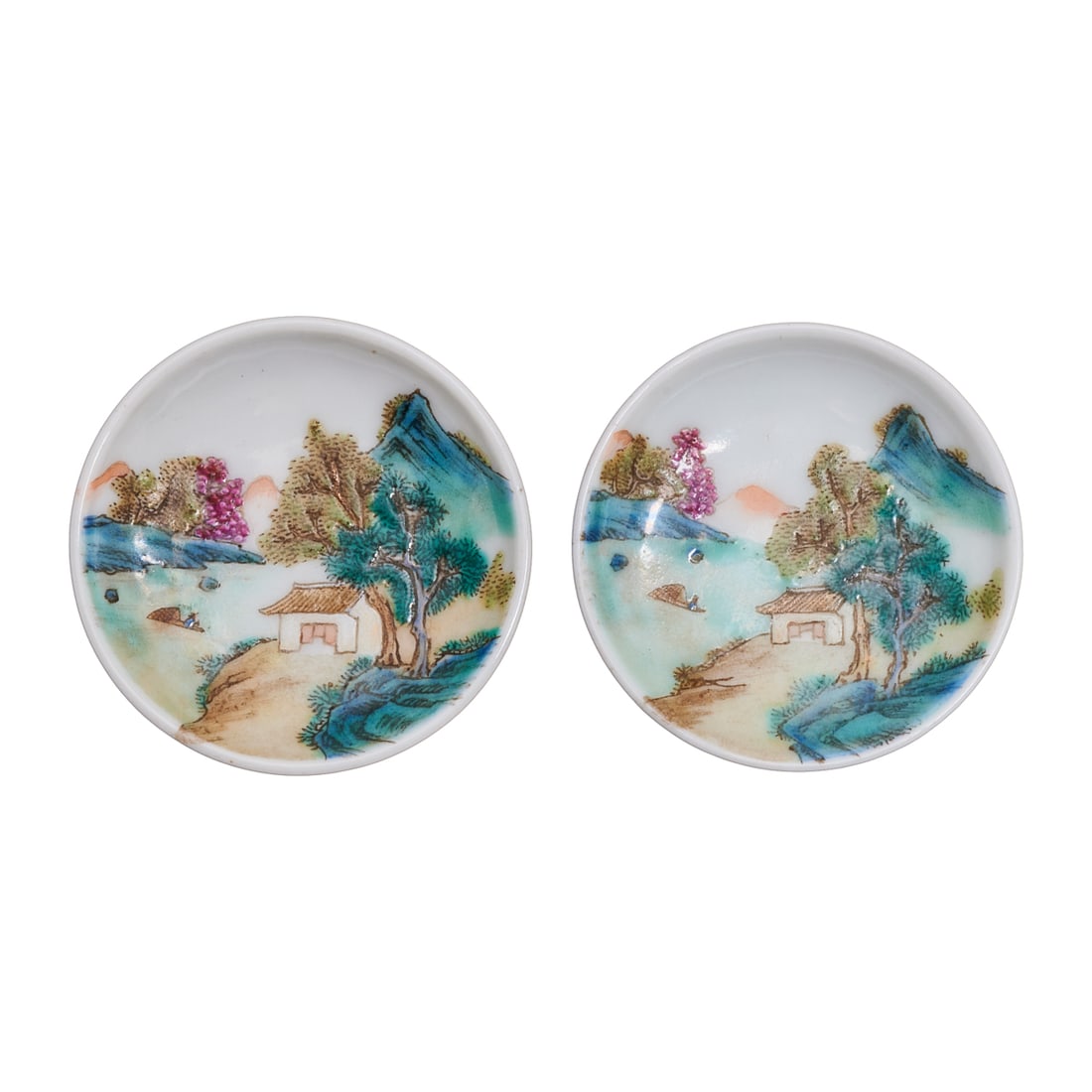 Pair of Small Chinese Famille Rose Porcelain 'Landscape' Dishes