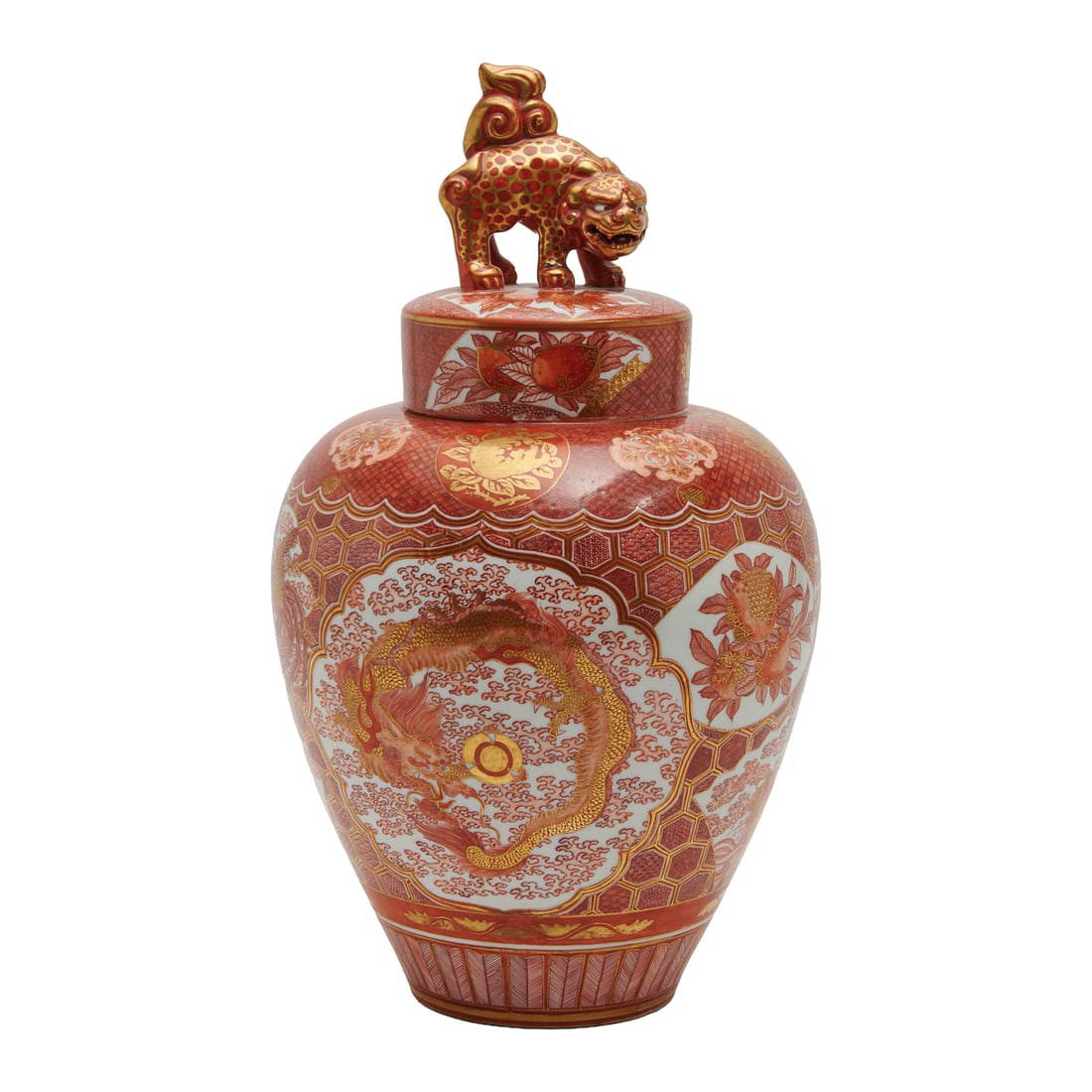 A Large Japanese Meiji Lidded Kutani Vase with Dragon and Peacock Motifs