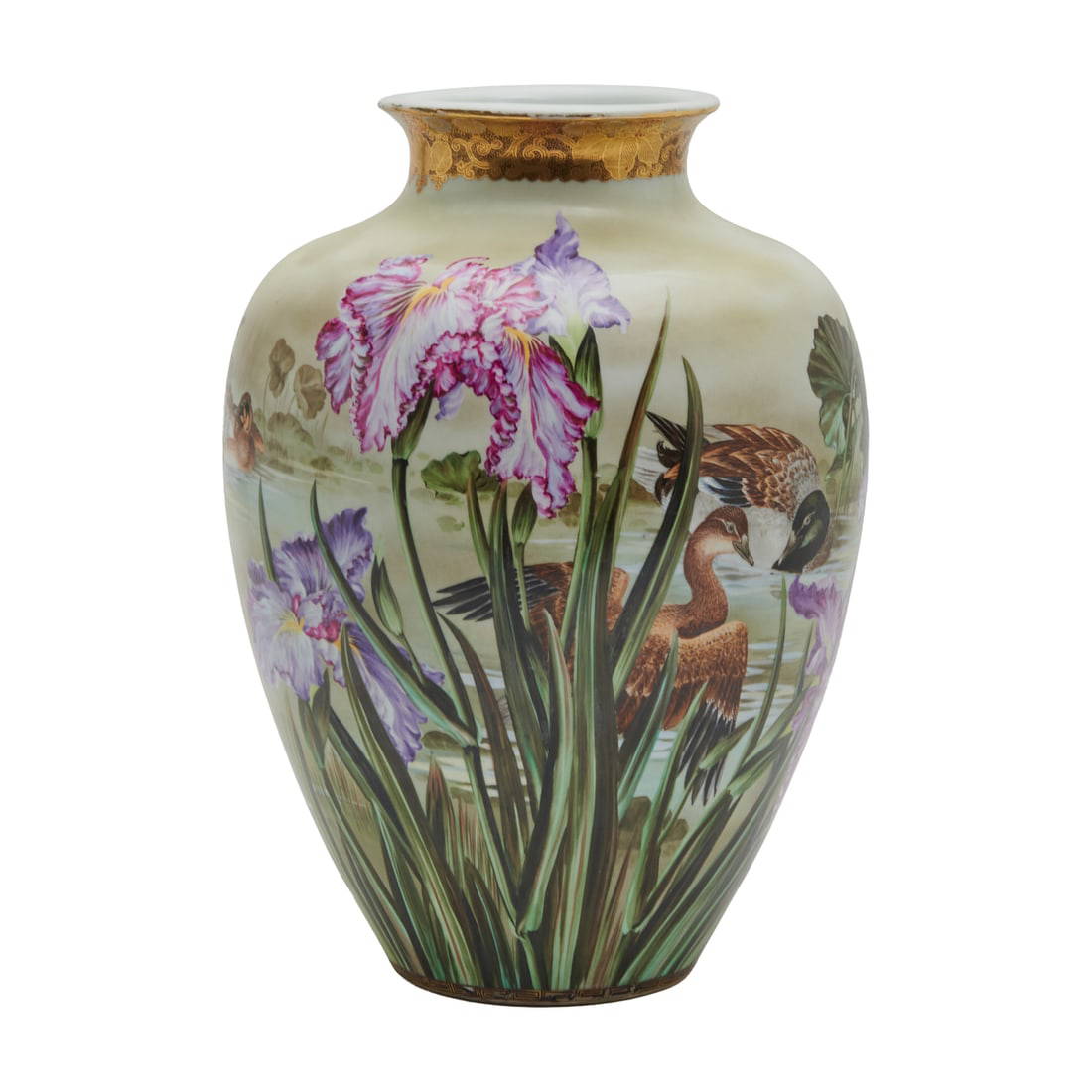 Large Japanese Yokohama Satsuma Vase with Iris and Ducks Motifs