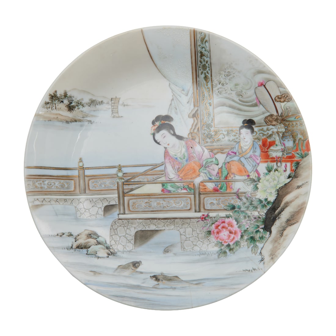 A Japanese Hyochien Studio Enameled Porcelain Plate with Garden Scene: A Japanese Hyochien Studio Enameled Porcelain Plate with Garden Scene.Delicately enameled with two elegant figures seated beside a pavilion overlooking a flowing river with carp, framed by a garden of