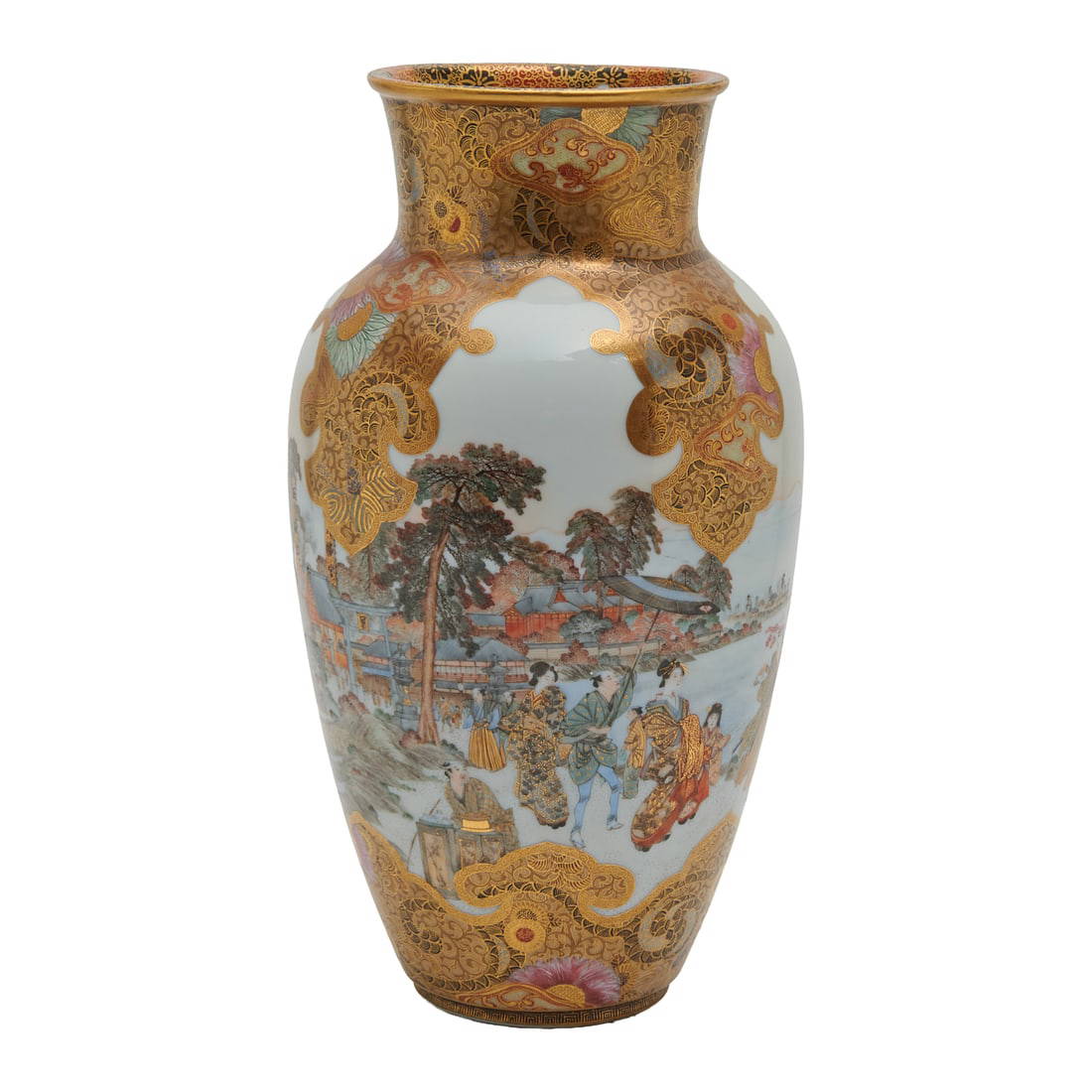 Large Japanese Meiji Kutani Porcelain Vase with Figures in Landscape Scene