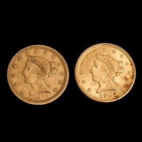 US Liberty Head 1877 and 1908 $2.5 Gold Coins
