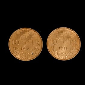 Swiss 10 Francs 1913 and 1914 Gold Coins