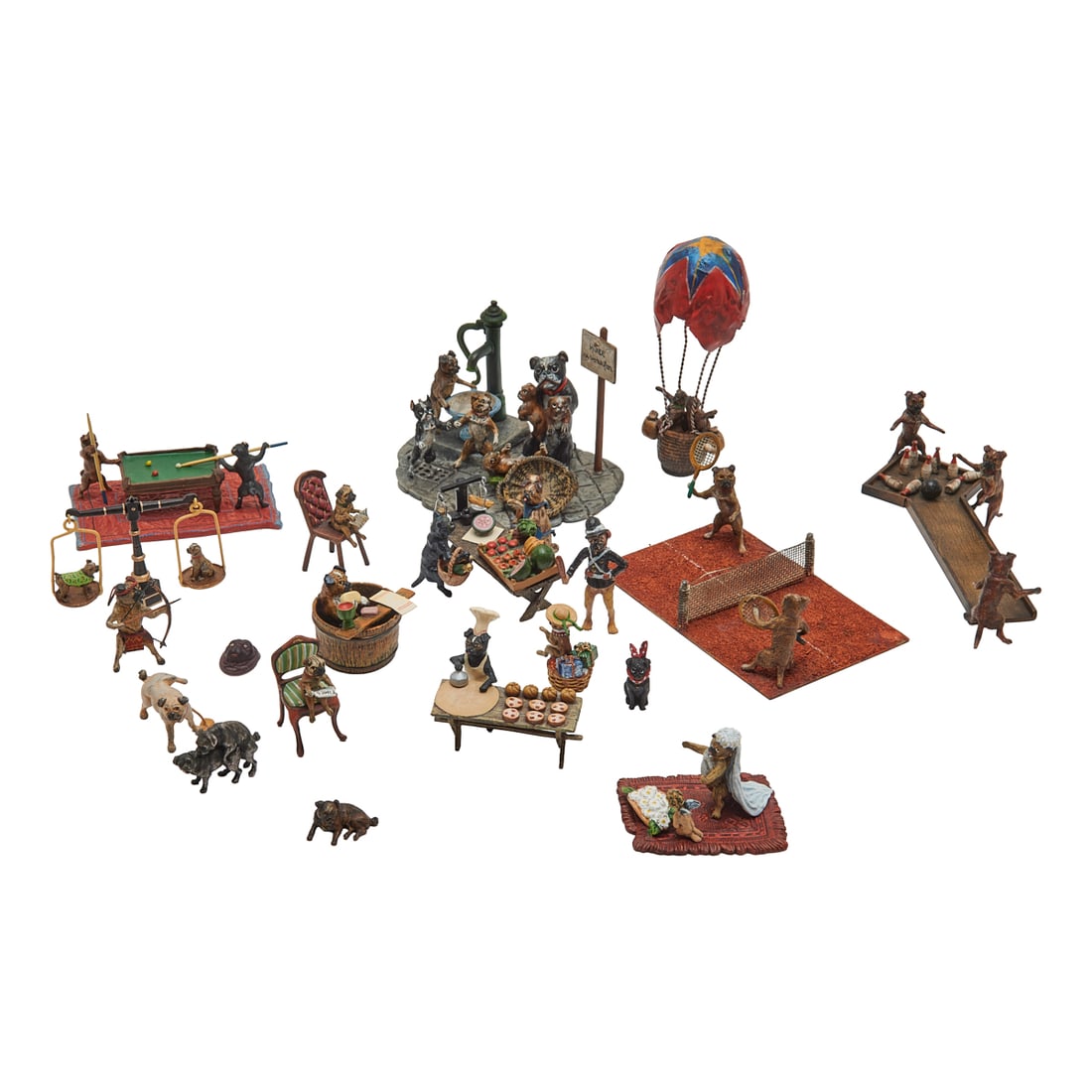 Austrian Cold Painted Bronze Miniature Pug Dog Figures Sporting, and at Markets: Austrian Cold Painted Bronze Miniature Pug Dog Figures Sporting, and at Markets. Painted in polychrome enamels.'To base undersides of several examples, triangular pad mark and B in urn for Bergmann, o