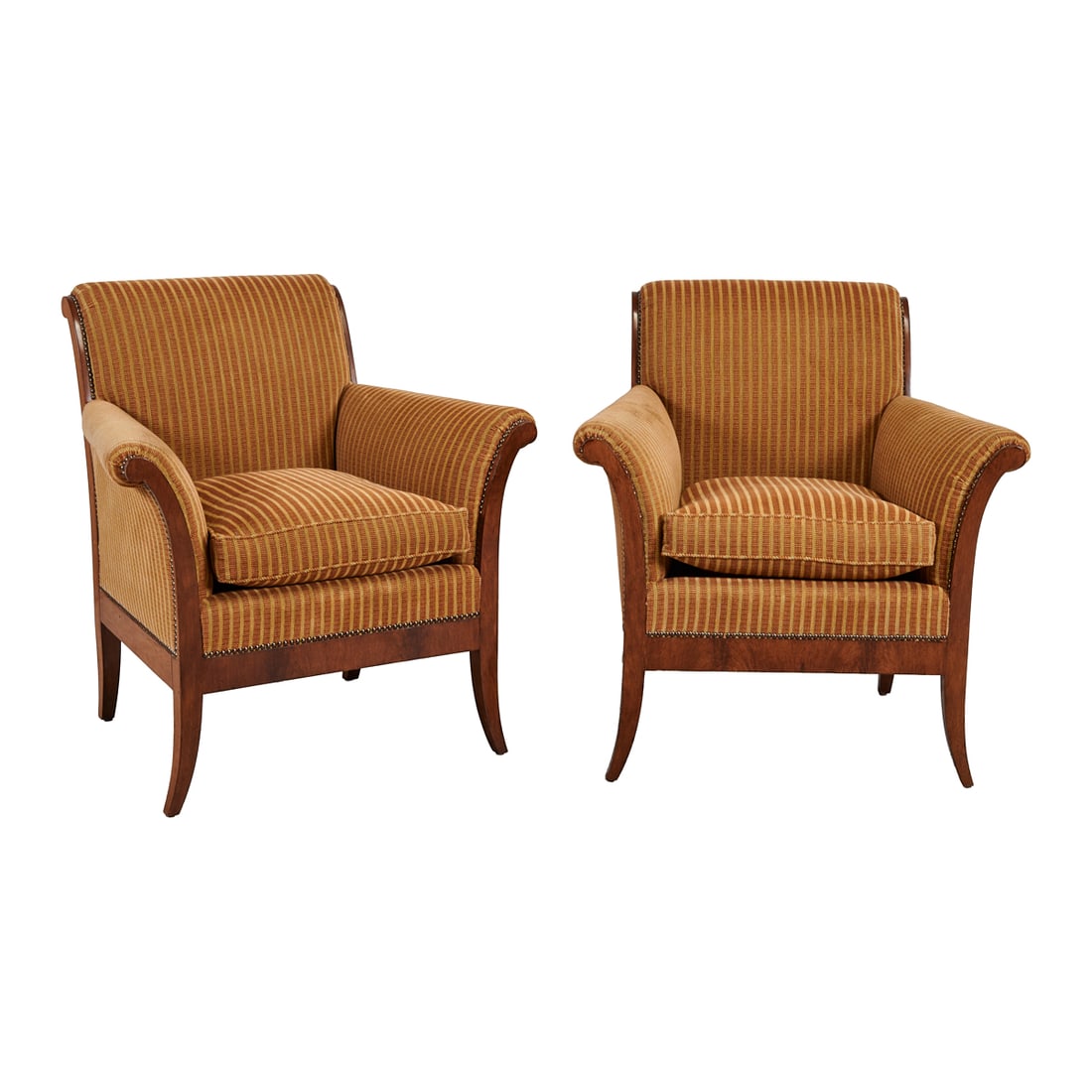 Pair of Striped Upholstery Armchairs, Dessin Fournir: Pair of Dessin Fournir Art Deco Style Fruitwood Bergeres modest klismos style form, with curled top back, upholstered in striped technical corduroy, with decorative nailheads. {Approximate dimensions: