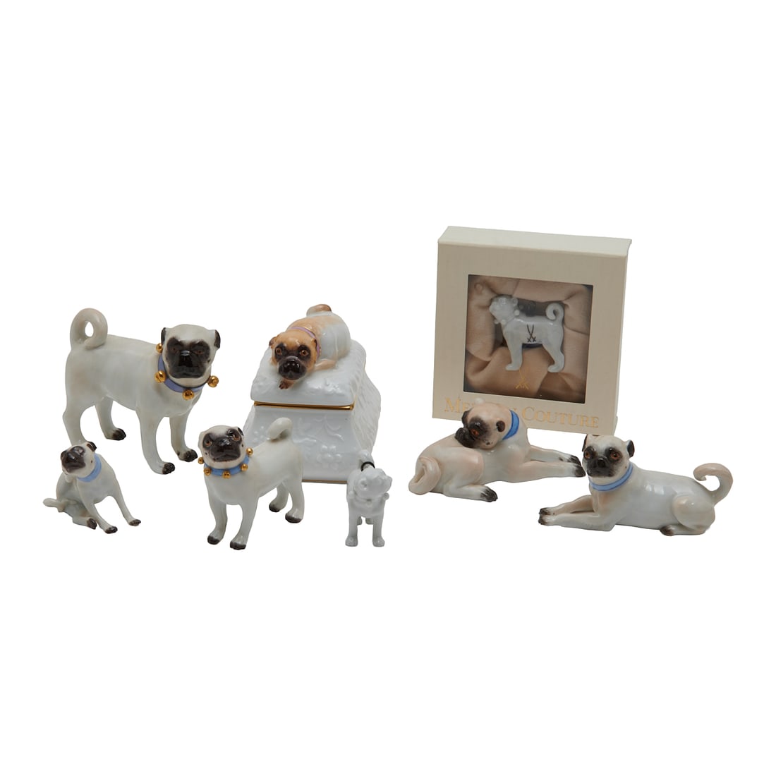 Eight Meissen Porcelain Miniature Pug Dog Figures Including a Box: Eight Meissen Porcelain Miniature Pug Dog Figures Including a Box, the box with pug at rest to top, two in sizes, with blue collars and bells, standing, and three scratching, or lying down, all of the