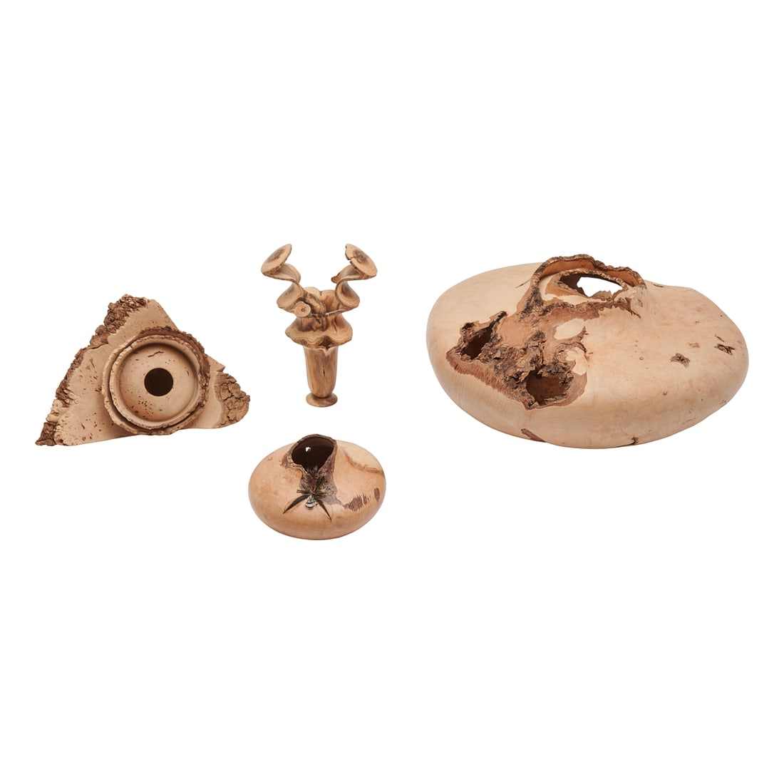 Four Dennis Stewart Turned Vessels: Four Dennis Stewart Turned Sculptural Vessels, of spalted maple, maple, burl maple, hazel wood. Signed Stewart and dated 84, 89, \92,' {Approximate dimensions: 8" H. x 12 1/3" Diameter, ove r all.}. '