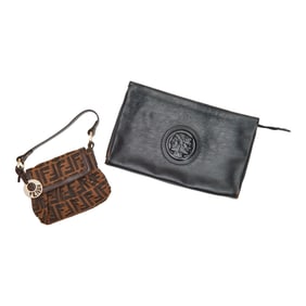 Two Fendi Bags: Black Janus Clutch and Passapalla in Tobacco Brown