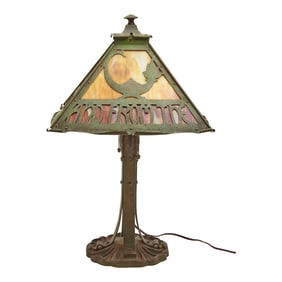 Arts and Crafts Patinated Metal and Slag Glass Table Lamp