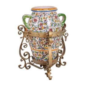 Large Italian Majolica Urn in Patinated Metal Stand