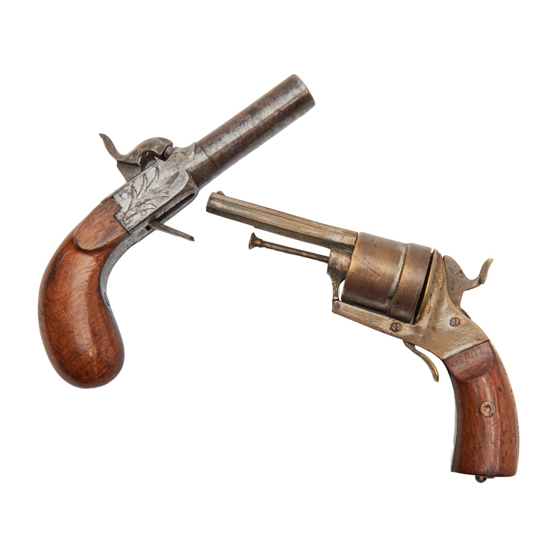 Two Pistols: Pocket and 7mm Six Chamber: Two Pistols: Pocket and 7mm Six Chamber, the pocket with chased frame, the six shooter with gold toning to frame, pin, trigger. Both with walnut stocks.' {Approximate dimensions - pocket: 6" L x 3/4"