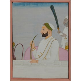 Framed Indian Miniature Painting, Portrait of Raja with Hookah
