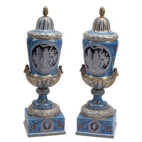 Pair of Minton Style Blue Ground Porcelain Urns