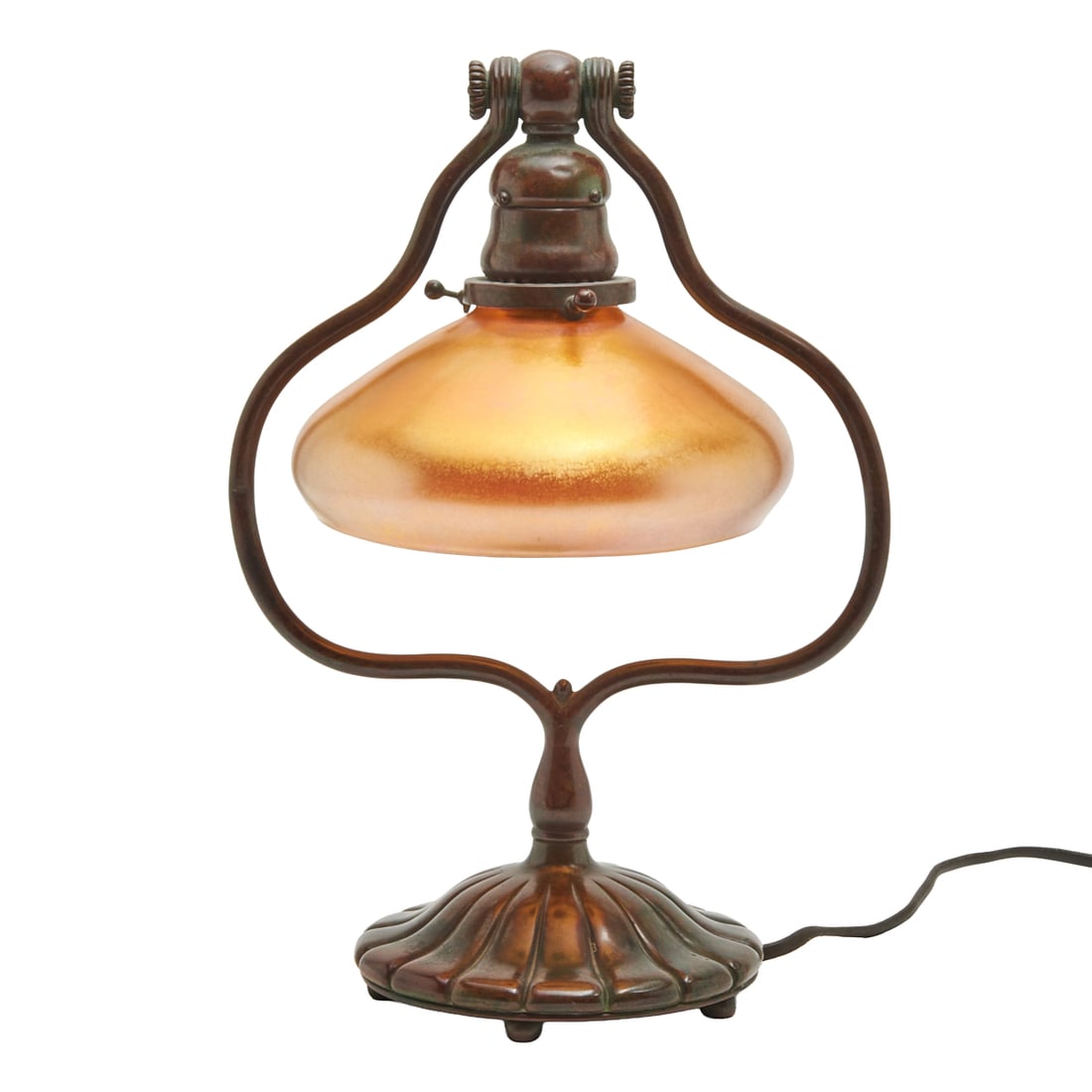 Tiffany Studios Bronze Harp Table Lamp: Tiffany Studios Bronze Harp Table Lamp, with favrile glass shade. Base underside impressed TIFFANY STUDIOS over NEW YORK to foot rim, also TIFFANY STUDIOS over NEW YORK over 419, near cord hole. Neck