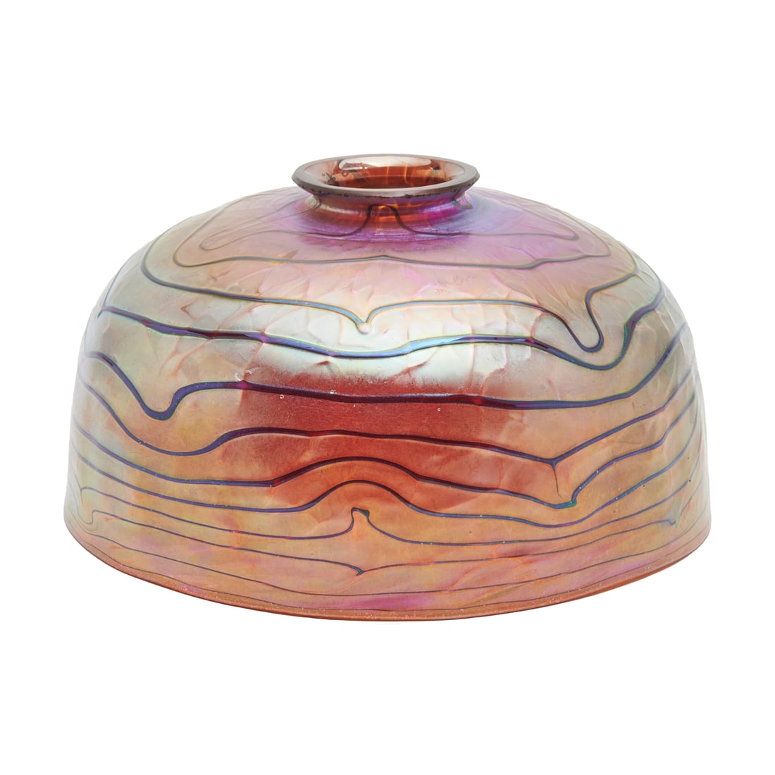 Iridescent Favrile Glass Lamp Shade: Iridescent Favrile Glass Lamp Shade, in the style of Tiffany Studios King Tut, also with pulled textured ridges. Unmarked.' {Approximate dimensions: 5" H. x 7 7/8" Diameter, the everted neck 2 1/4" Di