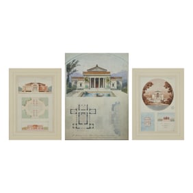 Three Framed Ecole des Beaux Arts Architectural Renderings