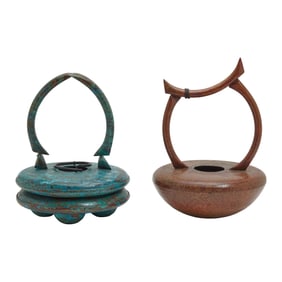 Two Lynn Hull Patinated Metal Kettles