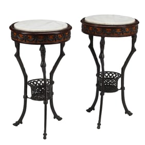 Pair of Renaissance Style Patinated Bronze Tables with White Marble