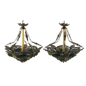 Pair of Art Deco Style Doré Bronze and Color Glass Lanterns
