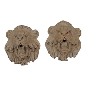 Pair of Italian Carved Marble Lion Head Wall Fountains