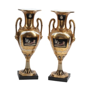Pair of Neoclassical Style Gilt and Black Ground Porcelain Vases