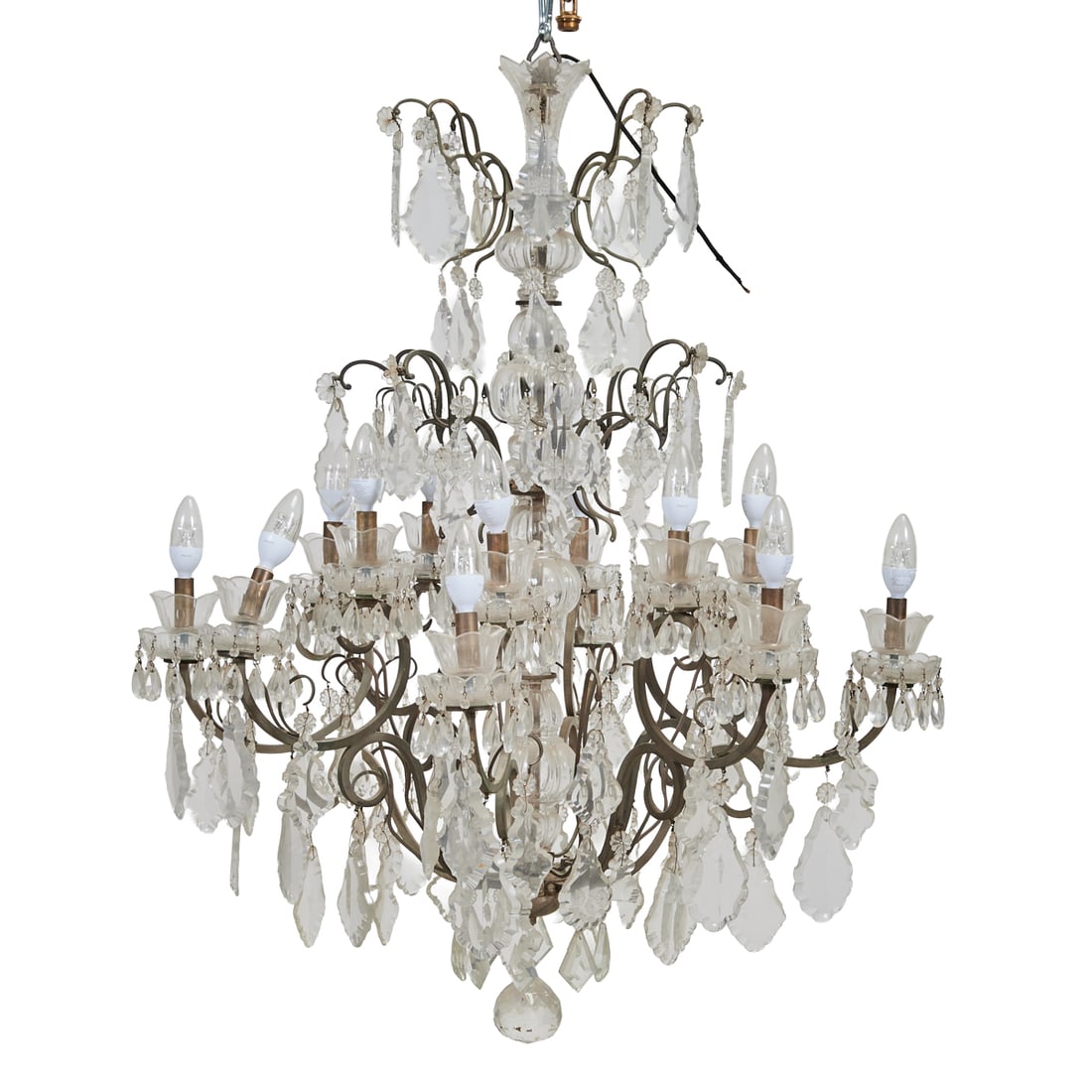 Baccarat Crystal Attributed Fourteen Light Chandelier: Baccarat Crystal Attributed Sixteen Light Chandelier, five tiers of large crystal drops alternating with electric bulbs in sockets in candlecups, with smaller drops, with central blown glass columnar