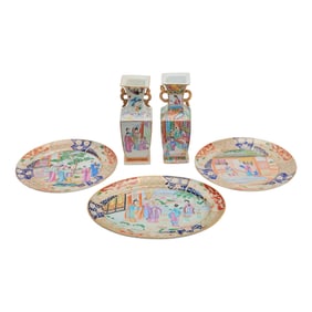 Five Chinese Export Porcelain Rose Medallion Table Articles