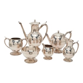 Gorham Sterling Silverplate Tea and Coffee Service in Medallion Pattern