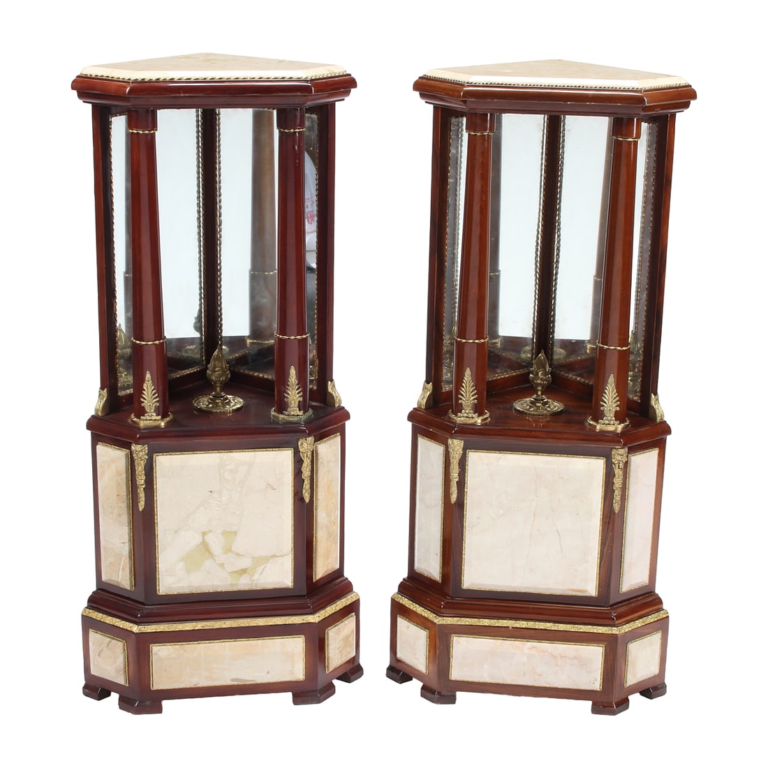 Pair of Louis XVI Style Marble and Doré Bronze Mounted Corner Pedestals: Pair of Louis XVI Style Marble and Doré Bronze Mounted Corner Pedestals. {Approximate dimensions:' 43 1/4" high x 20 1/2" wide x 14" deep.}.