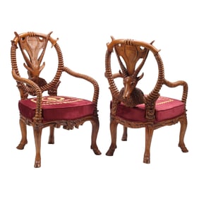 Pair of Black Forest Style Deer Head Armchairs