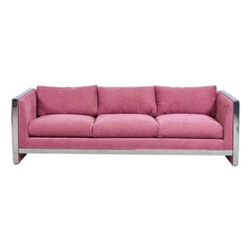 Contemporary Three Seat Sofa with Polished Chrome Frame and Pink Upholstery