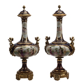 Pair of Sèvres Style Porcelain Vases with Doré Bronze Mounts and Covers