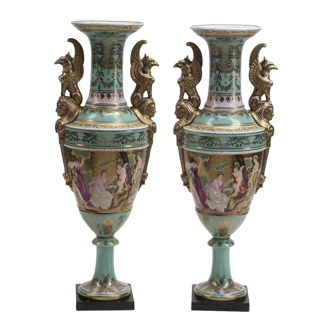 Pair of Vienna Style Sea Green Ground Painted Porcelain Urns: Pair of Vienna Style Sea Green Ground Painted Porcelain Urns, with gilt borders and hand-painted with a continuous scene of Classical figures, with applied gilt winged griffen handles to sides, on mar