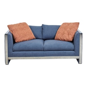 Contemporary Polished Chrome Two Seat Sofa with Blue Upholstery