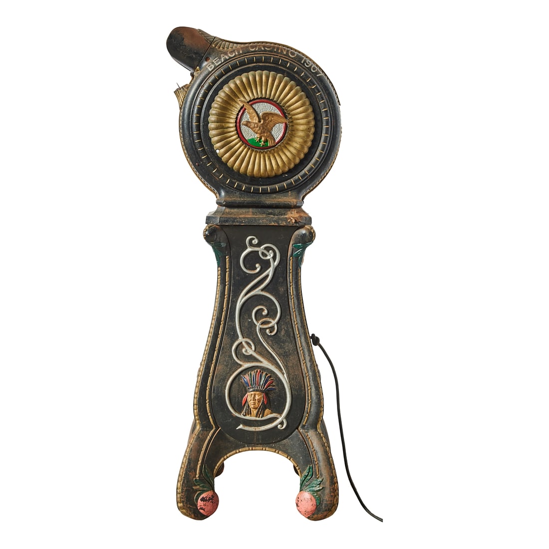 Coin Op Beach Casino Kinoscope Machine: Coin Op Beach Casino Kinoscope Machine, iron body, cylindrical top cast with viewing panel, over shaped base. Circa 1907. {Approximate dimensions: 55" H. x 17 1/2" W. x 17 1/2" D.}