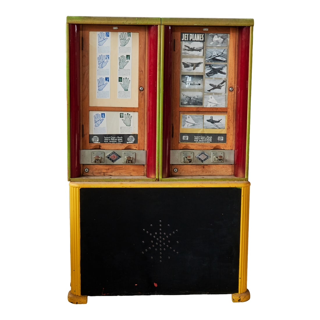 Exhibit Supply Co Coin Op Palm Reader and Jet Planes Card Dispenser Set: Exhibit Supply Co Coin Op Palm Reader and Jet Planes Card Dispenser Set, a double set of card dispenser on a single base. Left side: player inserts coin, and gets palm read; right side, player inserts