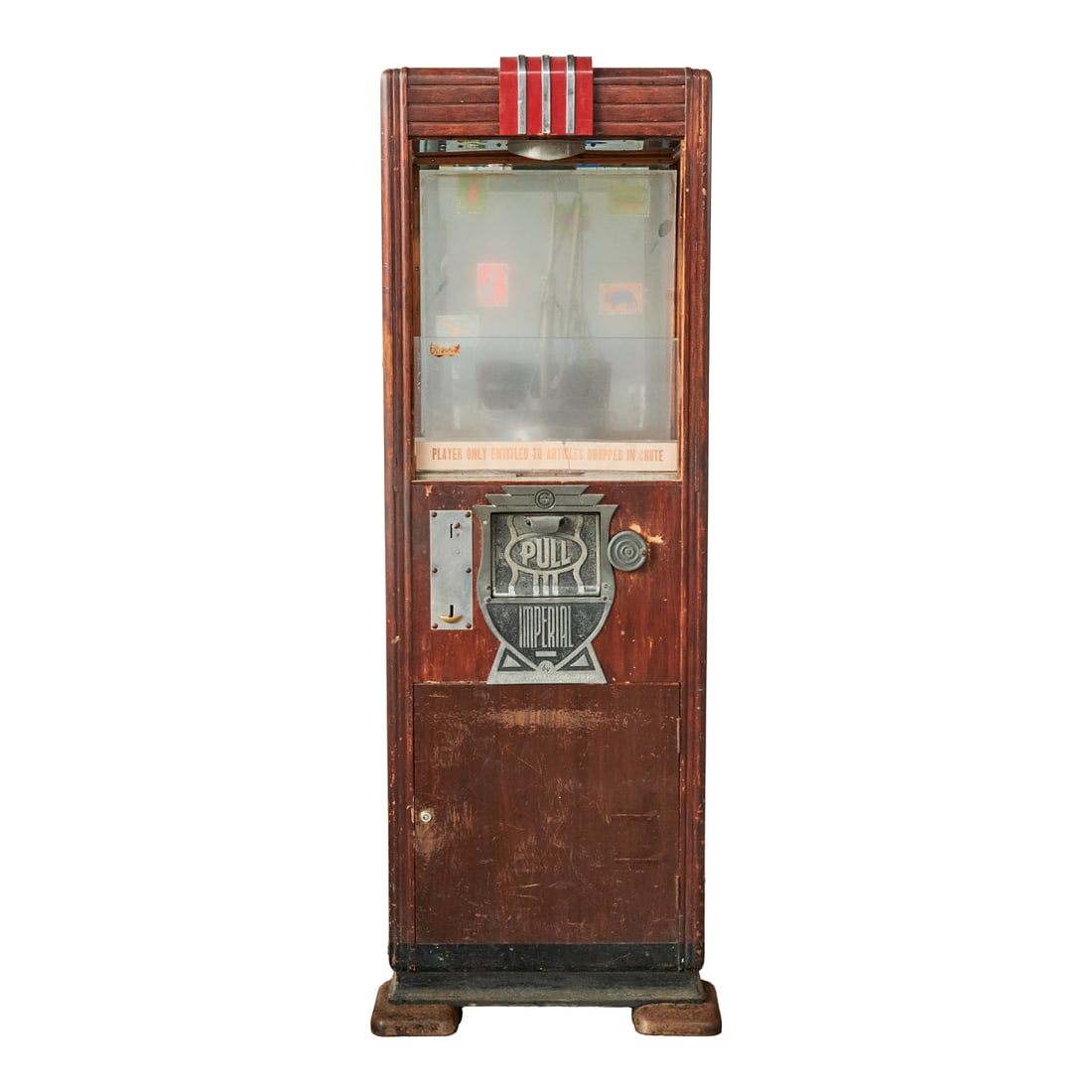Exhibit Supply Co Coin Op 5 Cent Imperial Crane Arcade Game with Red: Exhibit Supply Co Coin Op 5 Cent Imperial Crane Arcade Game with alternating red and chrome steel accents to crown.'Claw Machine Arcade Game, mirrored background, after coin is inserted, the digger cr