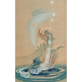 Bertha Lum, Wind and Wave, Woodcut and Gouache on Paper