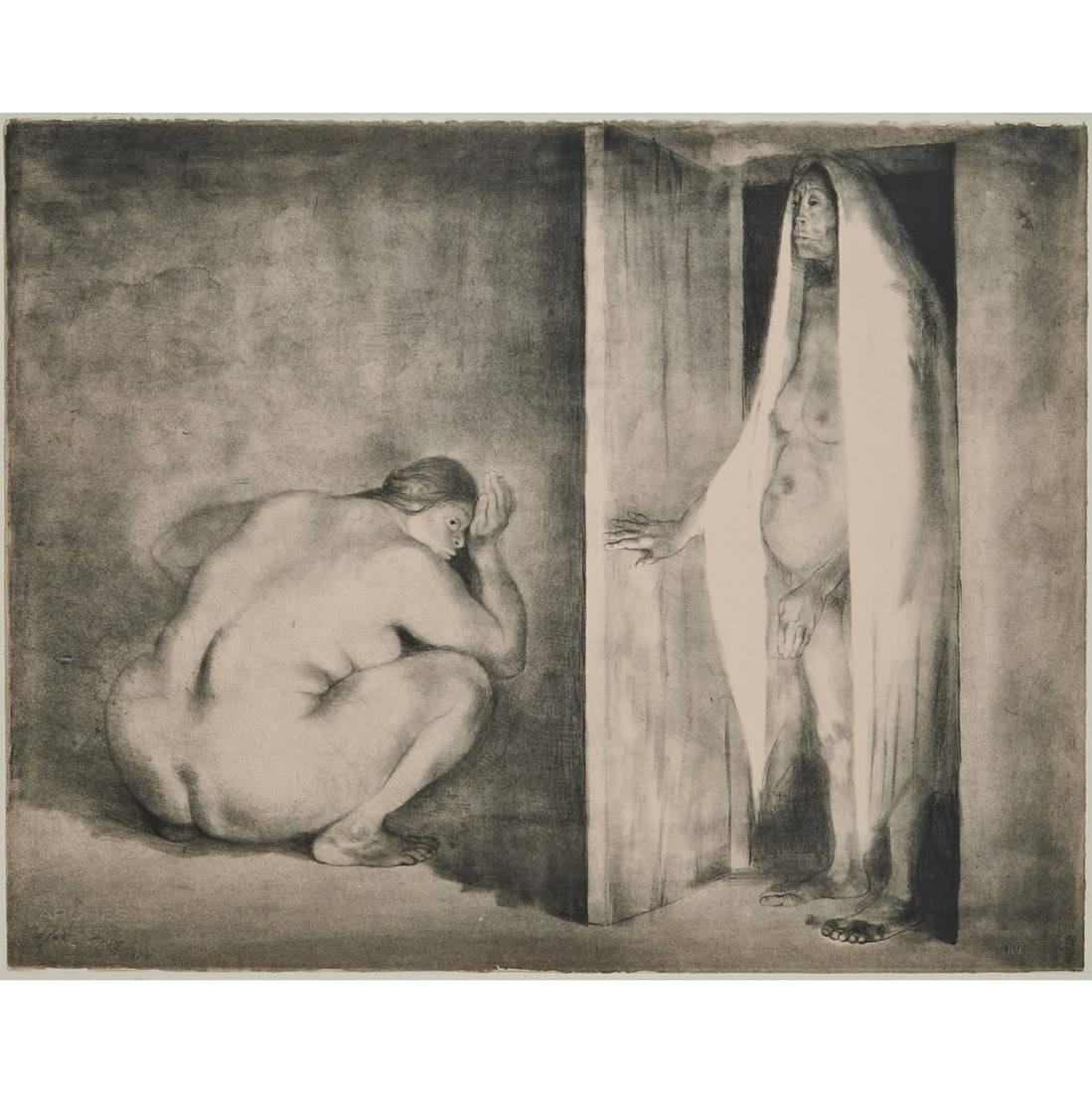 Francisco Zuniga, La Visita, Lithograph: Francisco Zuniga (Mexican, 1912 - 1998), La Visita (The Visit), 1974,'lithograph in three blocks on'Arches paper,'[approximate dimensions - sheet: 22" H x 28 1/4" W], numbered 4/60;'signed and dated'l